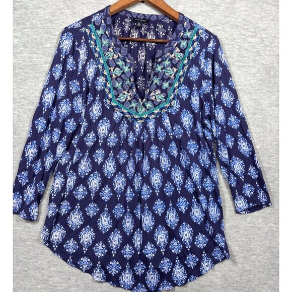 Lucky Brand XL Top Navy Blue Boho Print Tunic Embroidered Neckline - Picture 1 of 6